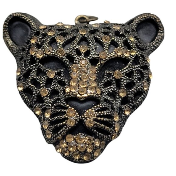 Leopard Panther Pendant Black Metal Gold Tone Texture & Rhinestones Stunning - Picture 6 of 13